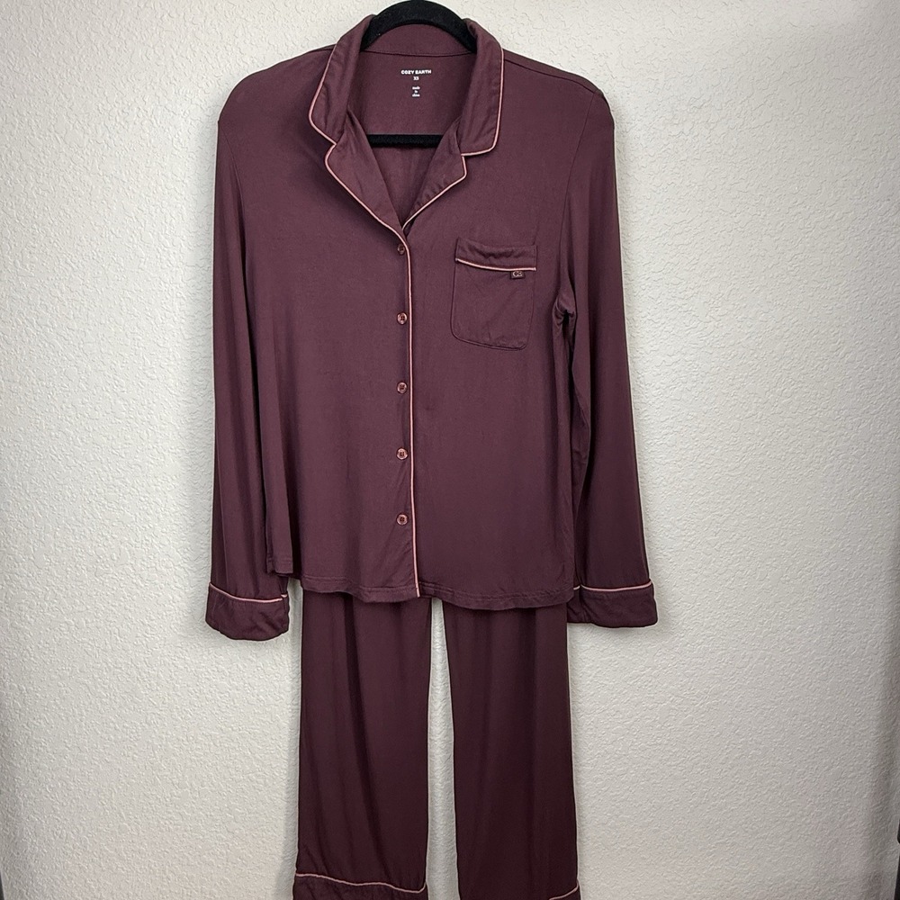 Cozy Earth Womens Bamboo Viscose Pajama Set Maroon Button Front Pockets Soft XS